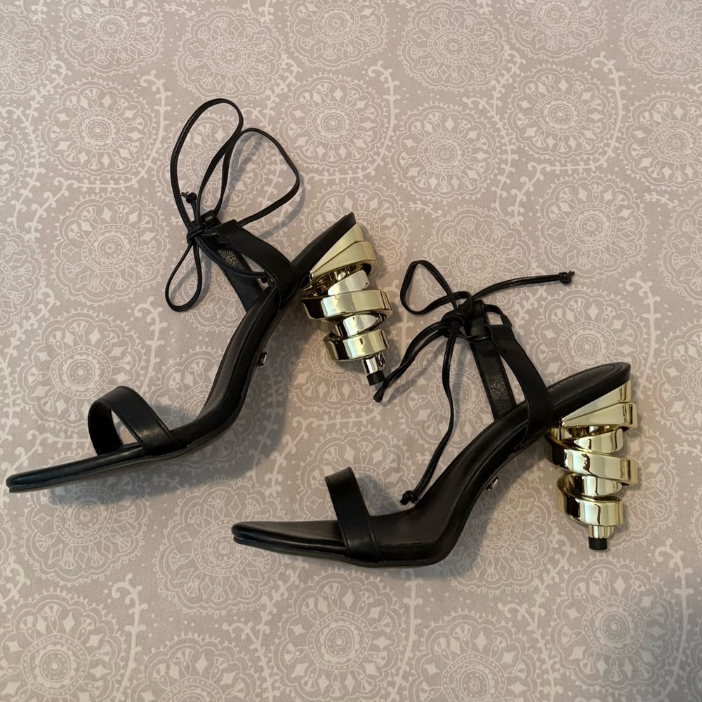 Black and Gold Stiletto Heels with Adjustable Ankle Strap
